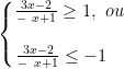 \dpi{100} \left\{\begin{matrix} \frac{3x-2}{-\ x+1}\geq1,\ ou\\ \\ \frac{3x-2}{-\ x+1}\le-1\, \, \, \, \, \end{matrix}\right.